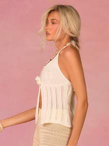 Athîral Women's Casual Vacation Knitted Floral Decor Tank Top - White - View 5