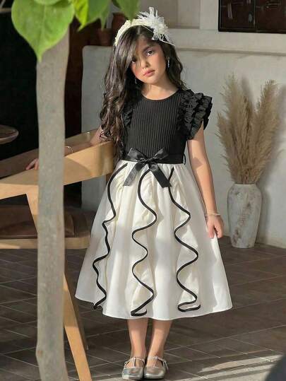 Tween Girl Colorblock Ruffle Trim Sleeveless Elegant Dress