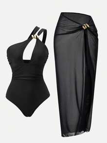 Swim Oasis Women's Solid Color One-Piece Cutout Swimsuit With Matching Cover-Up And Skirt Black Bathing Suits Swimsuit With Skirt Swimsuits For Woman Black Bathing Suits High Waist Gothic Bathing Suit Women One Piece Dress Mesh Gown Dress Masquerade Outfit For Women Long Gown Luxury Dresses For Women Wow Dress - Black - View 8