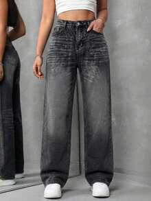 Pantalones Vaqueros Anchos para Mujer - Estilo Retro, Moda Urbana y Versátil - Negro - Ver 1