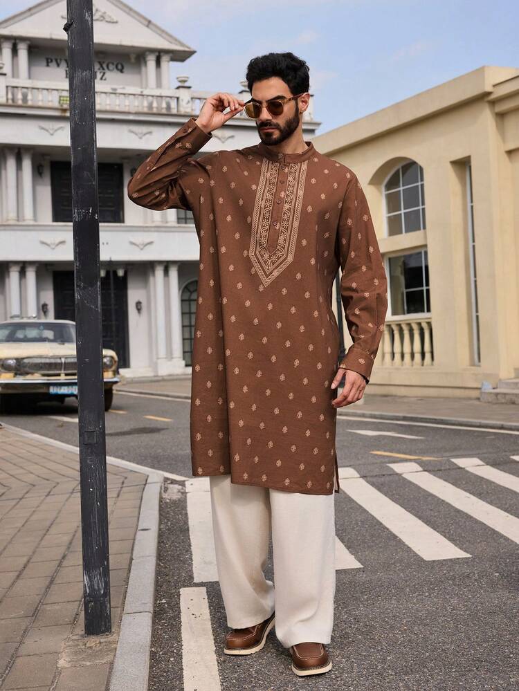 Spring Long Floral Print Middle Eastern Style Shirt For Men Summer