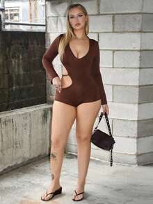 Arliah Chic Solid Color Backless Criss-Cross Asymmetrical Sexy Jumpsuit - Brown - View 4