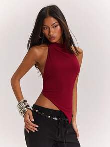 SHEIN BAE Áo croptop hở lưng gợi cảm với vạt áo bất đối xứng, phù hợp cho tiệc khiêu vũ, bãi biển, những dịp trang trọng, màu đỏ anh đào, lễ hội âm nhạc, hẹn hò, câu lạc bộ, Ibiza, kiểu dáng cơ bản. - Màu Hoa hồng đỏ - Xem 1