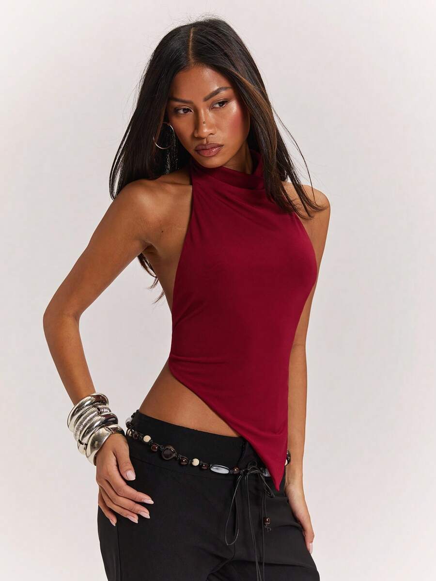 SHEIN BAE Áo croptop hở lưng gợi cảm với vạt áo bất đối xứng, phù hợp cho tiệc khiêu vũ, bãi biển, những dịp trang trọng, màu đỏ anh đào, lễ hội âm nhạc, hẹn hò, câu lạc bộ, Ibiza, kiểu dáng cơ bản. - Màu Hoa hồng đỏ - Xem 1