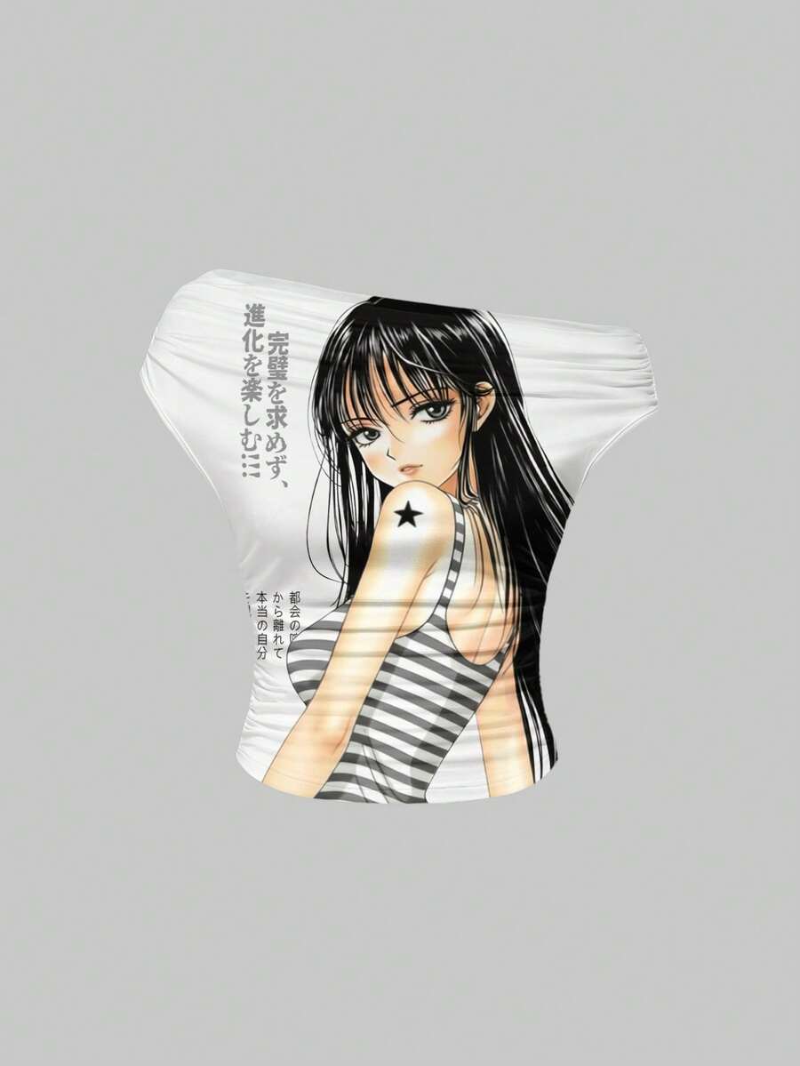 ROMWE Anime 女士斜肩褶皱卡通印花修身休闲T恤 - 白色 - 查看 1