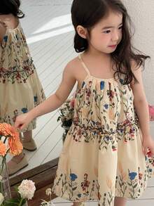 Dazy Kids 女婴碎花无袖连衣裙，韩版夏日连衣裙，适合女孩度假 - 杏色 - 查看 6