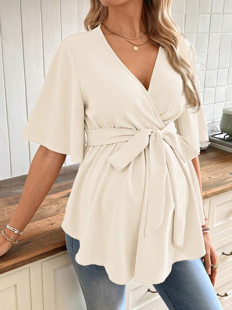 SHEIN Sommer Lässig Pendler Bluse für schwangere Frauen mit Wickelkragen, Rüschenärmeln und Bindung in der Taille Einfarbig - Beige - Übersicht 1