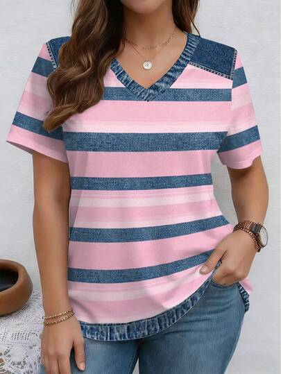 EMERY ROSE 拼接条纹V领短袖休闲加大码T恤，春夏款