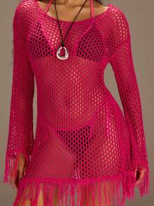 Athîral 女士镂空针织流苏下摆度假沙滩裙 - 粉色 - 查看 6