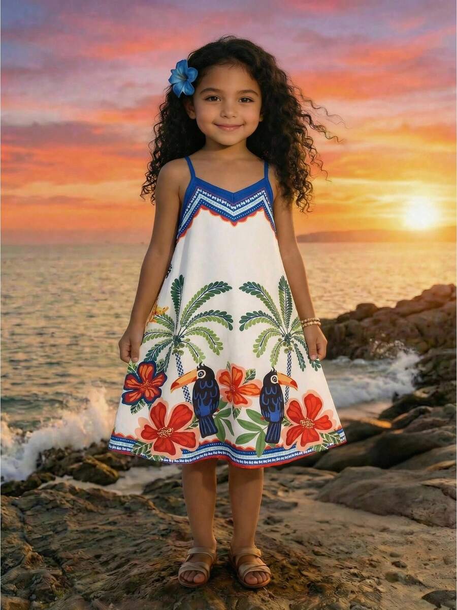 Young Girl Vacation Summer Blue Totem Tropical Plant Floral Pattern Spaghetti Strap A-Line Dress Girls Tropical Dress Caribbean Girls Dress Beach Theme Dress Kids Hawaii Girl Dress Girls White Palm Tree Dress - Blue - View 1