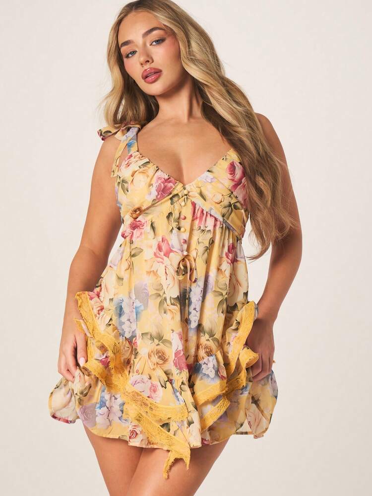 MISSGUIDED Floral Tie Strap Mini Dress With Lace Trim Yellow Botanical Print Summer Sundress Sleeveless V-Neck Ruffle Hem Feminine Day Dress