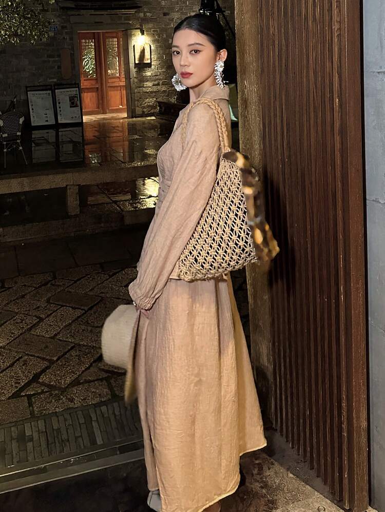 Women's Solid Color Drop Shoulder Long Sleeve Twist Design Shirt And Mini Skirt 2-Piece Set