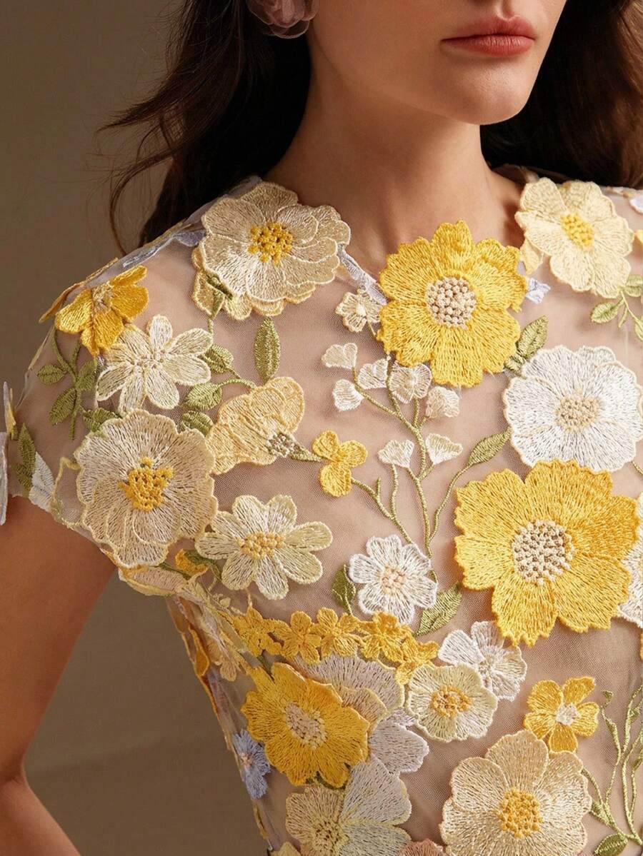 Anewsta Romantic Embroidered Floral Applique Blouse With Colorful Embroidered Floral Trim - Yellow - View 1