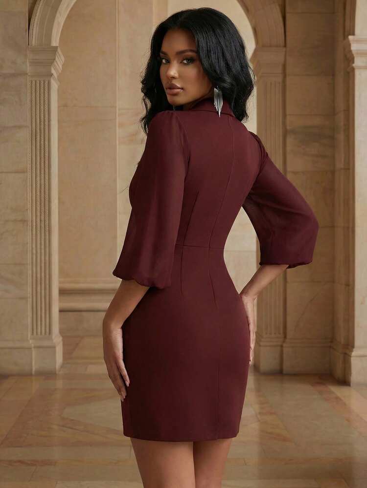 Elegant Women's Pleated Patchwork Bodycon Dress, Fitted Elegant Daily Wear Midi Dress, Fashionable And Graceful For Commuting