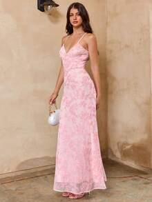 Enchnt 女士花卉串珠优雅连衣裙 - 粉色 - 查看 5