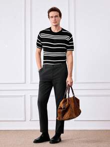Officeau Men's Solid Color Slant Pocket Straight Leg Casual Pants, Suitable For Commuting - Black - View 3