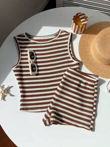 Comfortcana Plus Size Women Striped Round Neck Top And Shorts Casual Daily Outfit - Brown - View 9