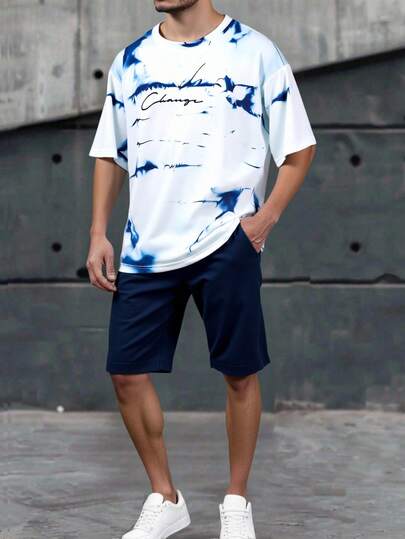 Set de 2 piezas Camiseta estampada y pantalones cortos azul marino para adolescentes varones, de tela suave y cómoda, adecuado para salidas, fotografía, escuela y diversas ocasiones