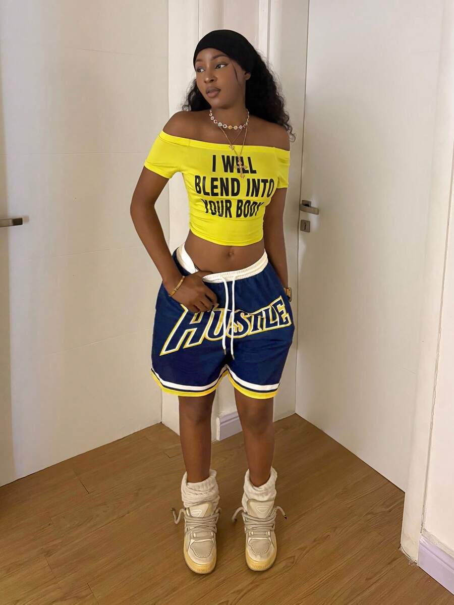 StreetHx Women's Drawstring Waist Pocket Letter Print Casual Versatile Daily Shorts - Navy Blue - View 1