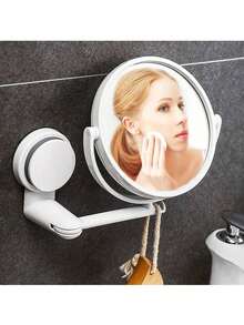1Pc Foldable Extendable Bathroom Mirror, Wall Mounted, No Drilling Required, Single/Double Sided Wall Mounted Makeup Mirror, Home Decor, Suction Cup Wall Mounted Makeup Mirror, PVC Mirror Material - White - View 2