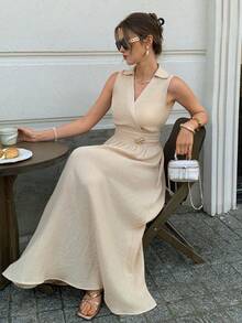 Elyressa 女士编织优雅长款夏季连衣裙 - 杏色 - 查看 3