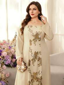 Modelyn Plus Size Elegant Women's Long Sleeve Patchwork Beaded Embroidered Dress - Apricot - View 3