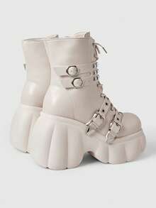 ROMWE Grunge Punk Women Heeled Sandals~ 2026 New Fashion Autumn And Winter Punk Style Beige PU Round Toe Wedge Heel Thick Bottom Rivet Metal Buckle Front Zipper Small High Heel Riding Boots Hot Girls Ankle Boots - Beige - View 7