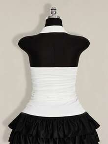 SHEIN ICON Plus Size Black Halter Ruched Backless Top, Bow Tie, Suitable For Vacation, Music Festival, Punk - White - View 2