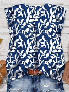 EMERY ROSE Women's Casual Minimalist Plant Pattern Cap Sleeve Shirt, Suitable For Summer - Blue and White - View 2