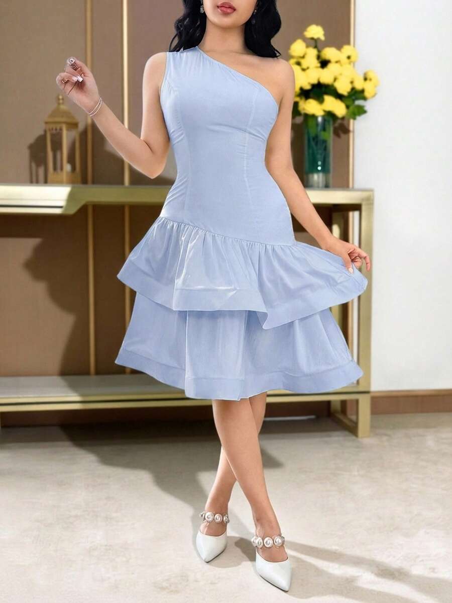 Feyla 女士纯色无袖拼接双层荷叶边优雅中长连衣裙 - 淺藍色 - 查看 1