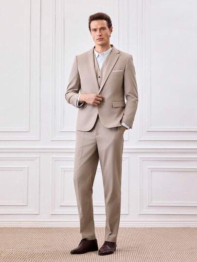Officeau 男士米色修身西装三件套：外套、马甲和西裤，经典正式商务婚礼着装，休闲男士西装外套