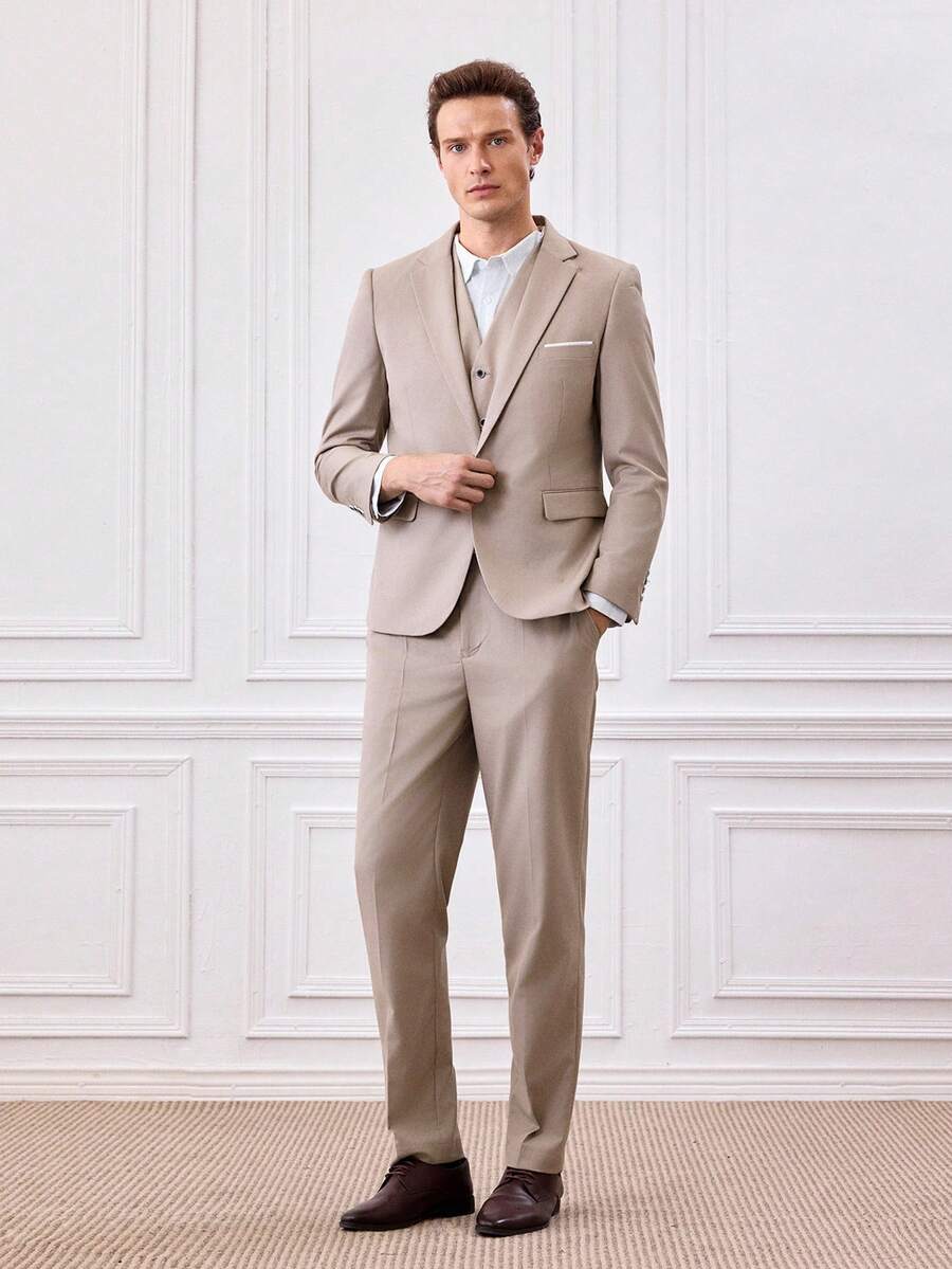 Officeau 男士米色修身西装三件套：外套、马甲和西裤，经典正式商务婚礼着装，休闲男士西装外套 - 米色 - 查看 1