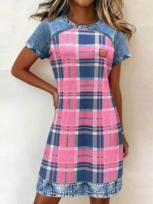 EMERY ROSE Đầm ngắn tay ngắn cổ tròn dáng suông họa tiết denim kẻ caro phong cách mùa hè dành cho nữ, thích hợp cho lễ hội, công sở, mặc hàng ngày hoặc hẹn hò lãng mạn. - Hồng - Xem 3