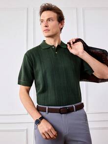 Officeau 男士休闲针织Polo衫，透气绿色针织衫，常规版型，短袖，经典Polo领 - 橄欖綠 - 查看 8