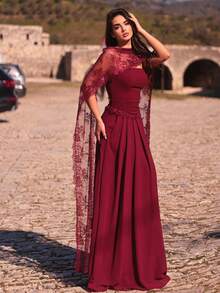 Aureia Đầm dạ hội trang trọng, thanh lịch và sang trọng màu đỏ rượu vang, chất liệu dệt kim tương phản ren, không dây vai, kiểu dáng chữ A, đính sequin hình bướm, xếp nếp. - Màu Đỏ Sâu - Xem 6