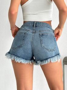 SHEIN 100% Cotton Mid Waist Washed Denim Short - Light Wash - View 2