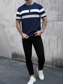 Manfinity Homme 男士条纹纽扣设计休闲短袖T恤，日常必备单品 - 藏蓝色 - 查看 5