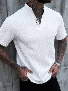 Manfinity Homme 极简主义时尚字母刺绣缺口领男士T恤 - 白色 - 查看 5