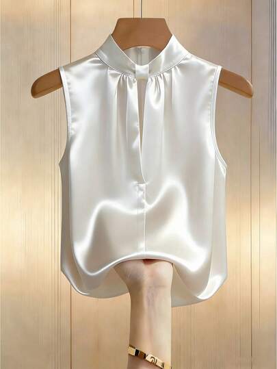 Franclia 女士法式优雅缎面镂空褶皱领无袖衬衫