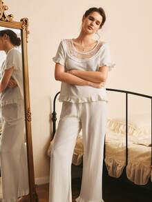 Côtesoire Southern French Style Solid Color Round Neck Lace Trim Contrast Color Ruffle Hem Short Sleeve & Long Pants Women Pajama Set - Apricot - View 6