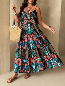 Ceyna Plus Size Vintage Black Floral Print V-Neck Sleeveless Tiered Hem Maxi Dress,Women's Summer Boho Beach Holiday Mexican Style Tropical Resort Wear - Multicolor - View 8