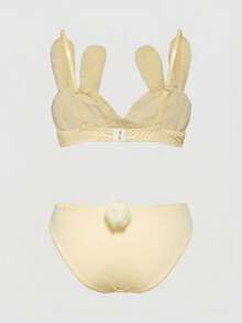 ROMWE Kawaii Cute Bunny Embroidered Plush Wireless Bra Set With Bow Decor - Yellow - View 2