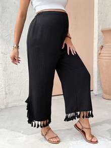 SHEIN Maternity Casual Fringe Hem Pants - Black - View 3