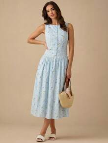 Enchnt 女士碎花纽扣前开襟休闲无袖连衣裙 - 淺藍色 - 查看 3