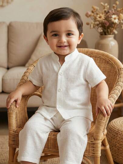 SHEIN Playful Pals 2pcs/Set Baby Boy Casual Comfortable Textured Fabric Loose Fit Turtleneck Front Open Short Sleeve Shirt And Long Pants, Suitable For Spring, Summer, Autumn, Outings, Vacations, Daily Life, Travel, Holidays Toddler Summer Outfit Boy Summer Outfit Set White Set Baby Boy White Toddler Outfit Baby Clothes Set Summer