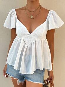 Livesso Countryside Style Holiday Easter Party Summer Vacation White Petal Sleeve Cinched Waist Solid V-Neck Blouse For Women - Beige - View 6