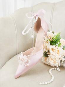 CUCCOO HITCHD 女士鞋履 春季新款女士高跟鞋 珍珠装饰花朵点缀尖头细跟6.5厘米 优雅仙女风缎面纯色伴娘鞋 约会晚宴鞋 - 粉色H - 查看 6