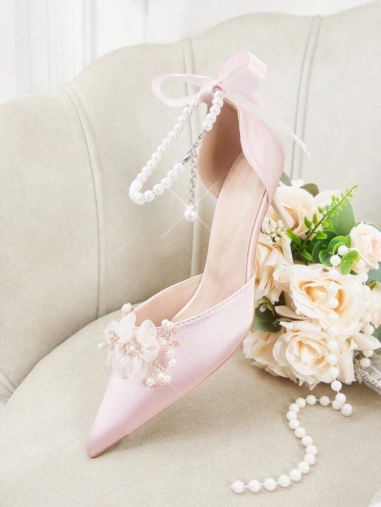 CUCCOO HITCHD Women Shoes Summer New Women's High Heel Shoes Pearl Decorative Flowers Embellished Pointed Thin Heel 6.5cm Elegant Fairy Style Satin Solid Color Bridesmaid Shoes Dating Dinner Shoes Summer Shoes Wedding Shoes Bride Shoes