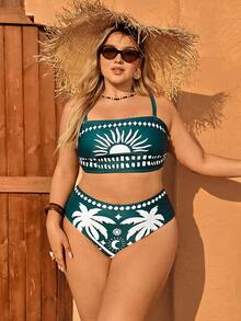 Swim Vcay Plus Size Multi-Color Palm Tree Print Removable Adjustable Strap High Waist Printed Triangle Bikini Set, Mature & Flattering Beach Holiday Style - Multicolor - View 6