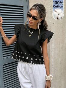 Serisse Women's Summer Casual Vacation Style Ruffle Armhole Embroidered Shell Trim Loose Blouse - Black - View 7